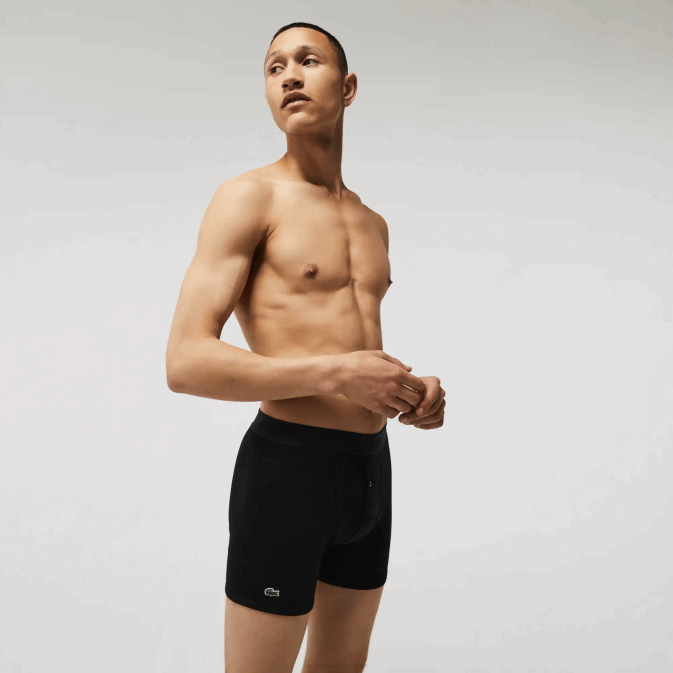 noir gris chiné vfu V6HV1359 Hommes Lacoste Lot de 3 boxers longs en coton à taille lettrée