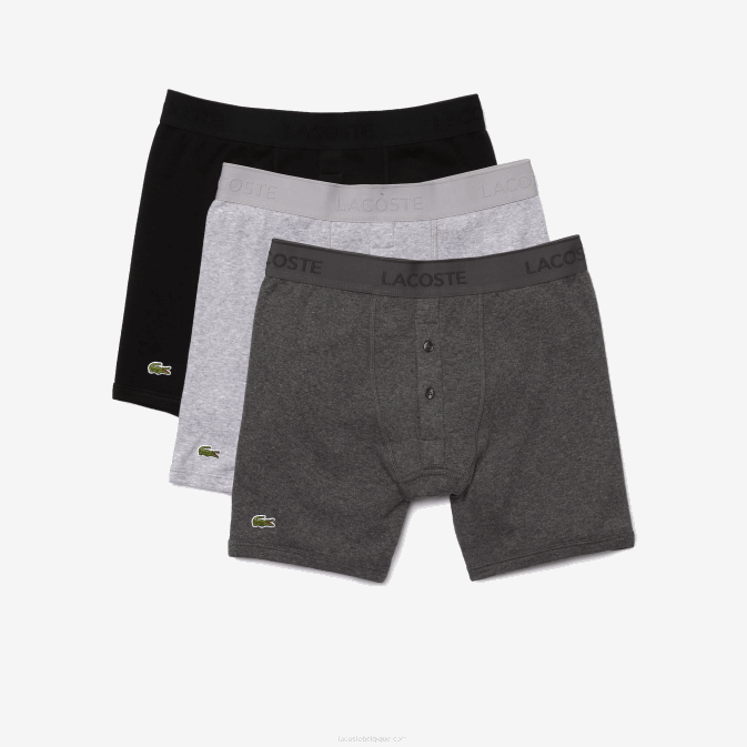 noir gris chiné vfu V6HV1359 Hommes Lacoste Lot de 3 boxers longs en coton à taille lettrée