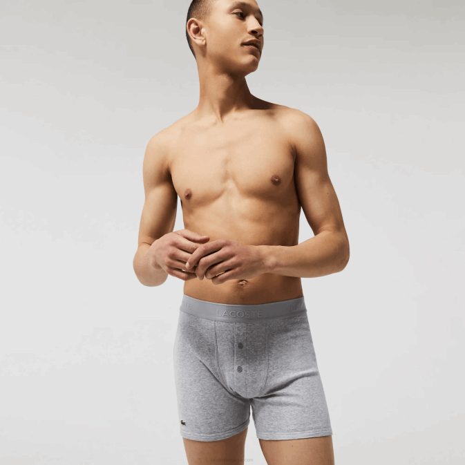noir gris chiné vfu V6HV1359 Hommes Lacoste Lot de 3 boxers longs en coton à taille lettrée
