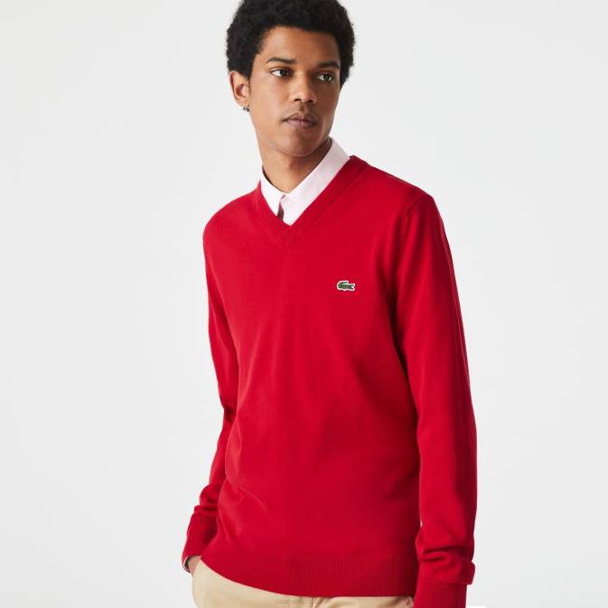 rouge 240 V6HV1324 Hommes Lacoste pull col v en coton bio