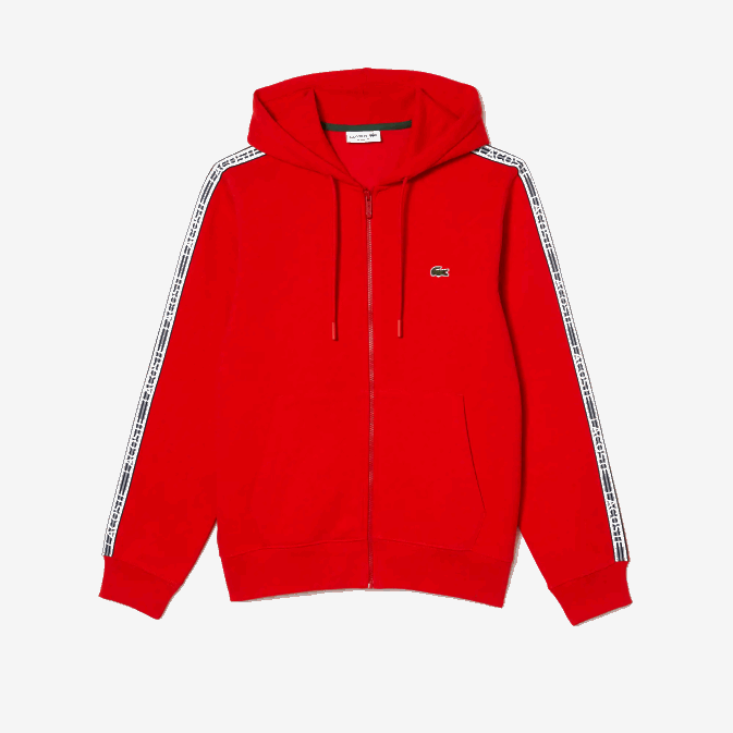 s5h rouge V6HV15 Hommes Lacoste sweat à capuche zippé coupe classique avec rayures de la marque