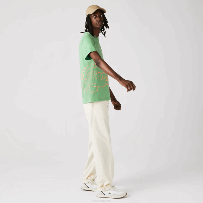 ttf vert V6HV904 Hommes Lacoste t-shirt col rond en coton bio imprimé crocodile