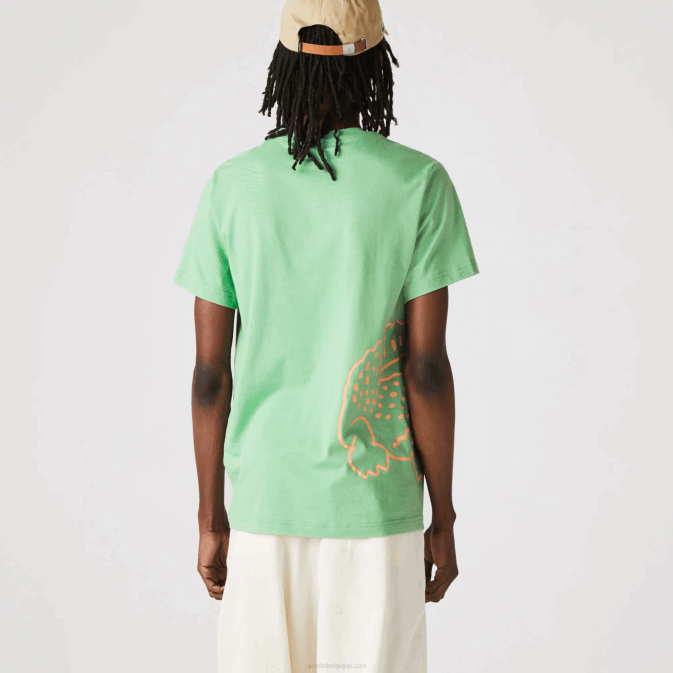 ttf vert V6HV904 Hommes Lacoste t-shirt col rond en coton bio imprimé crocodile