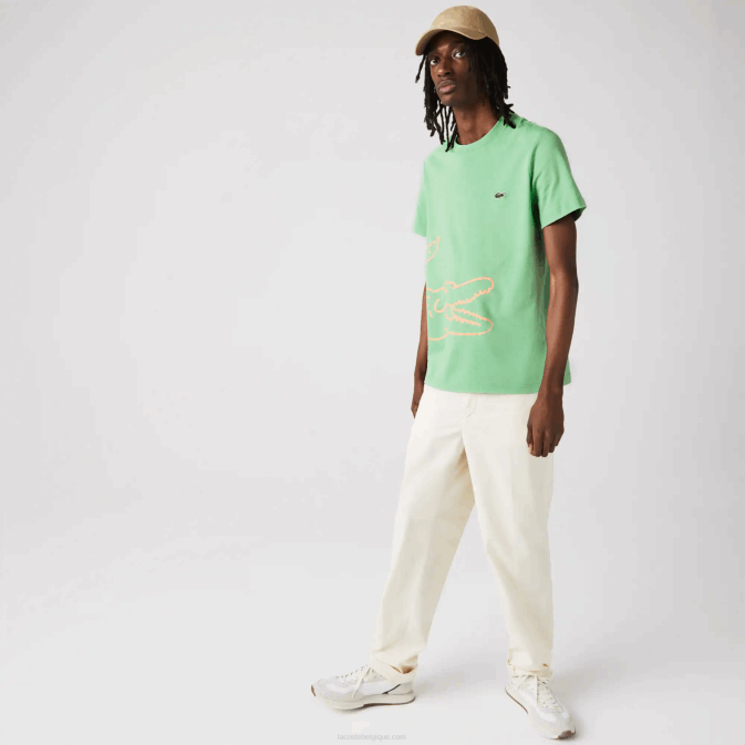 ttf vert V6HV904 Hommes Lacoste t-shirt col rond en coton bio imprimé crocodile