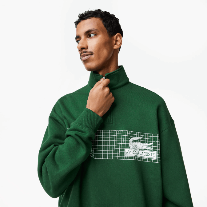 vert 132 V6HV284 Hommes Lacoste sweat-shirt ample en coton biologique à col zippé