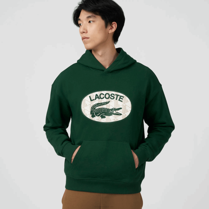 vert 132 V6HV970 Hommes Lacoste sweat à capuche ample avec monogramme de marque