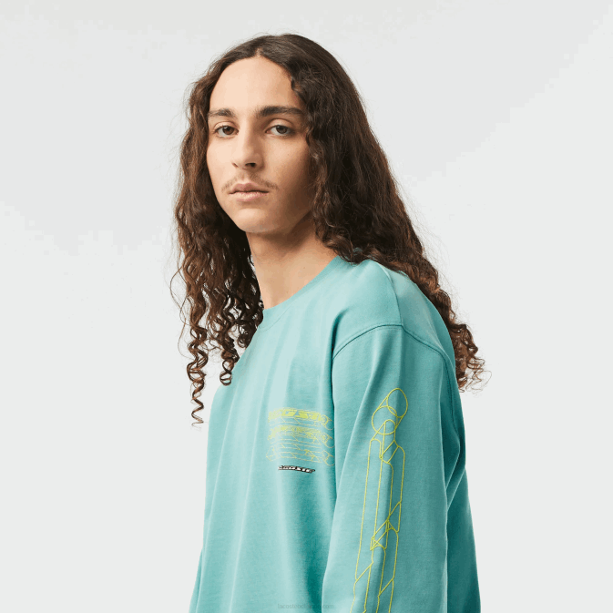 vert 3a4 V6HV177 Hommes Lacoste t-shirt ample à manches longues en jersey de coton