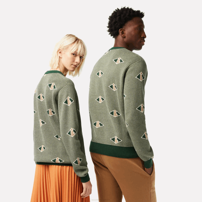 vert beige blanc lvt V6HV1504 Hommes Lacoste pull à motif monogrammé