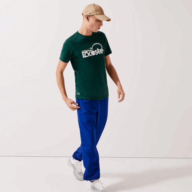 vert blanc wpx V6HV795 Hommes Lacoste t-shirt sport respirant à col rond et imprimé tennis