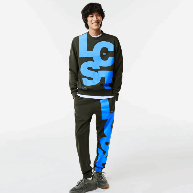 vert kaki s7t V6HV1041 Hommes Lacoste sweat-shirt en coton à lettres contrastées coupe classique