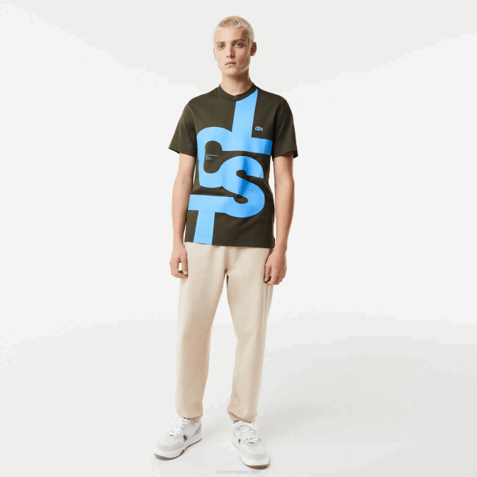 vert kaki s7t V6HV567 Hommes Lacoste t-shirt regular fit en coton à lettres contrastées