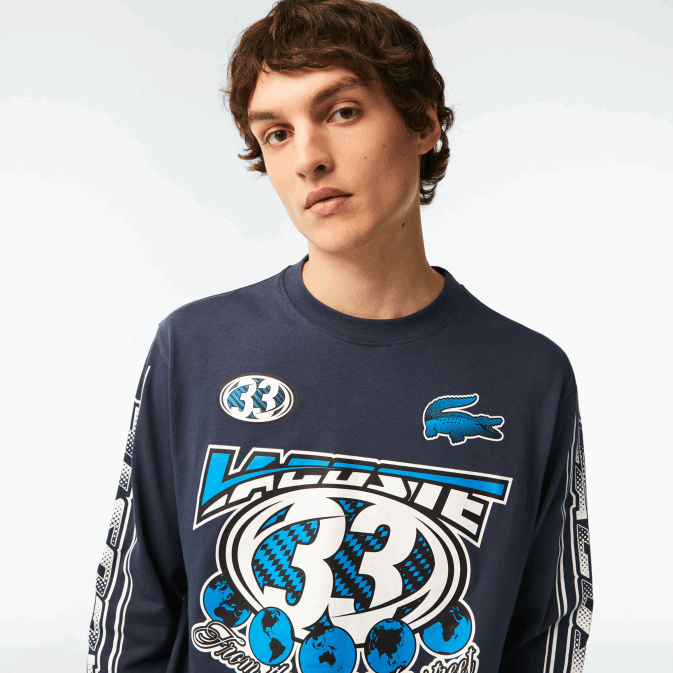 xie bleu V6HV148 Hommes Lacoste t-shirt ample imprimé à manches longues