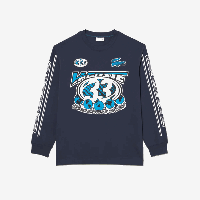 xie bleu V6HV148 Hommes Lacoste t-shirt ample imprimé à manches longues