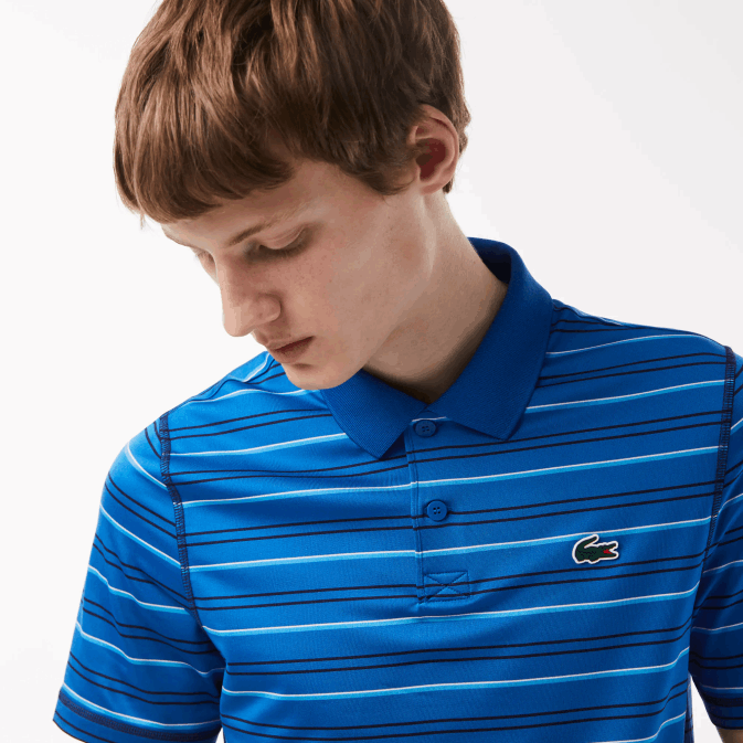 xip bleu marine blanc V6HV115 Hommes Lacoste polo de golf à rayures en polyester recyclé