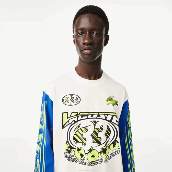 zil bleu blanc V6HV149 Hommes Lacoste t-shirt ample imprimé à manches longues