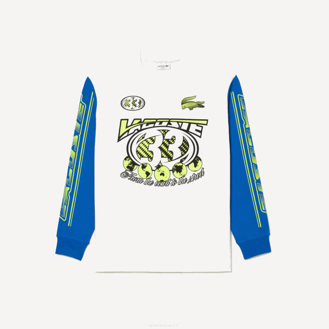 zil bleu blanc V6HV149 Hommes Lacoste t-shirt ample imprimé à manches longues