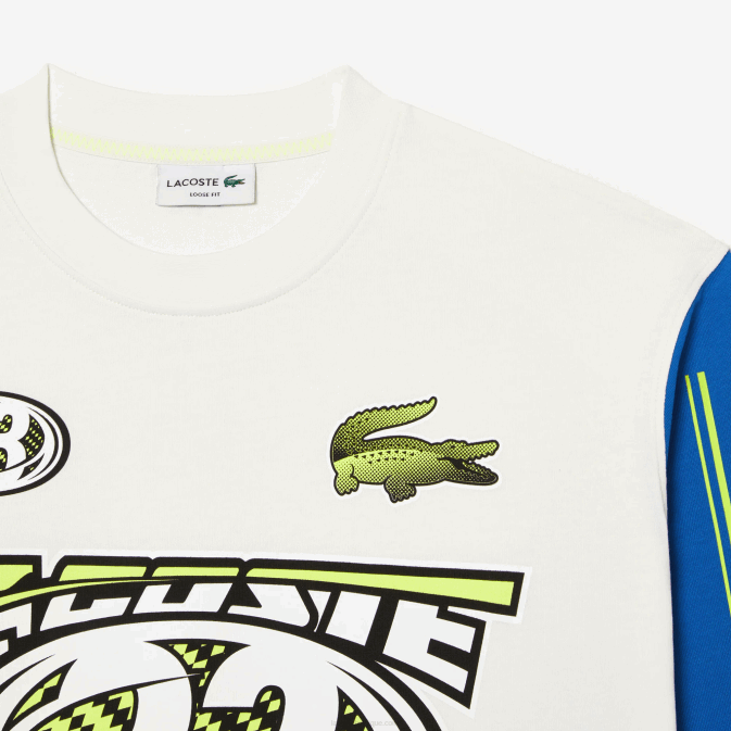 zil bleu blanc V6HV149 Hommes Lacoste t-shirt ample imprimé à manches longues